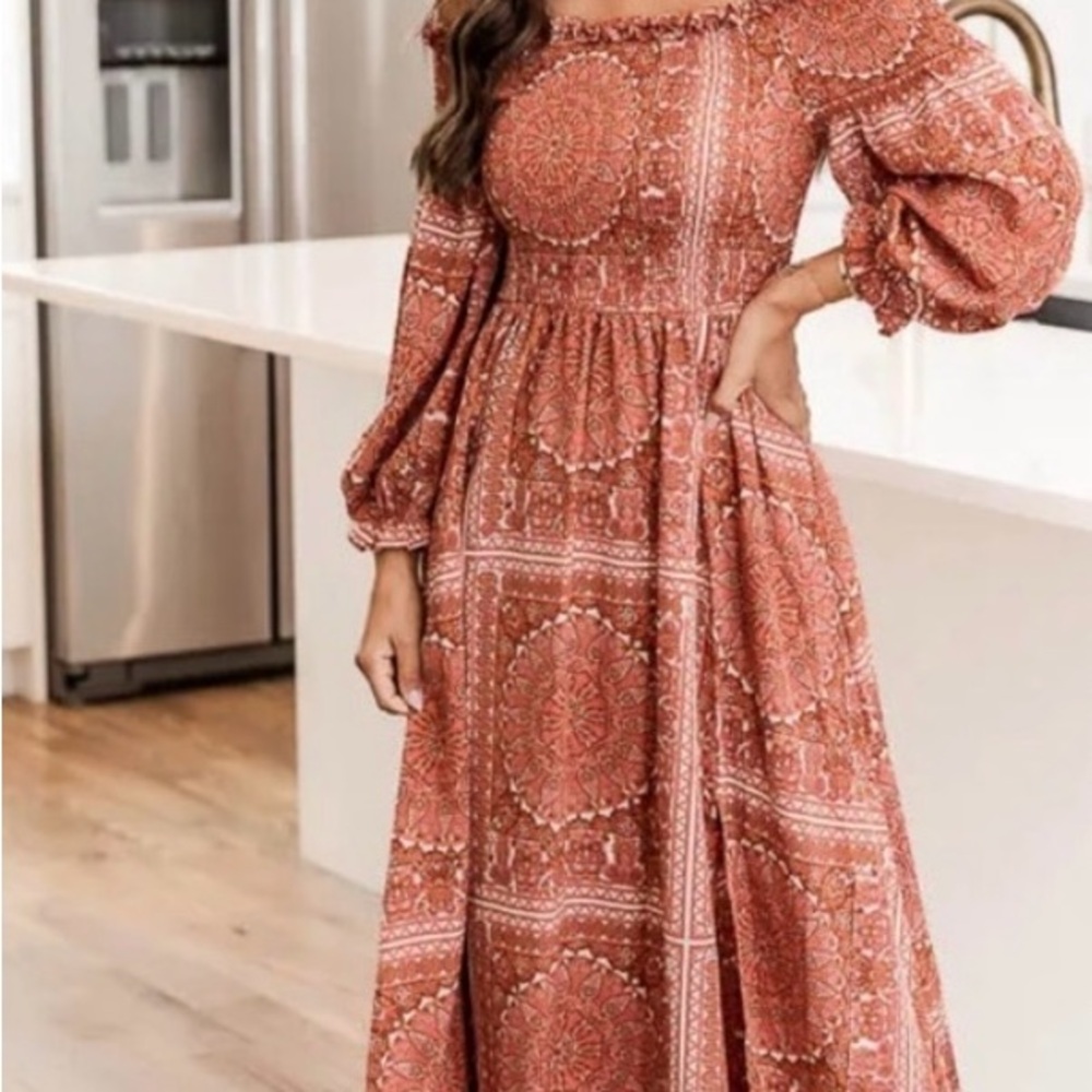 Sounds In My Mind Brick Smocked Bust Off The Shoulder Printed Maxi Dress